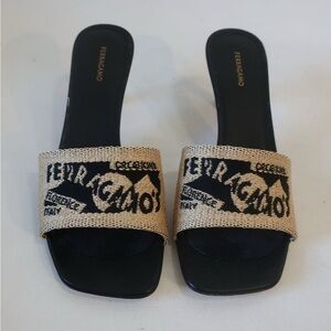 Salvatore Ferragamo Black and Tan Heeled Mules 7.5 M